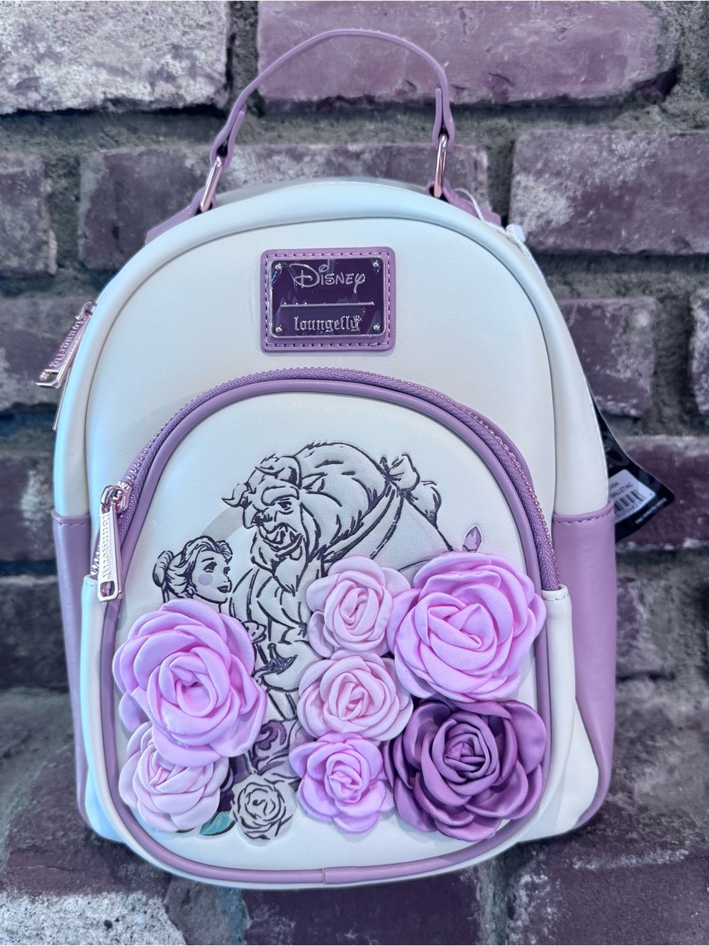 NWT Loungefly Disney Beauty And The Beast Floral Rose 3D Sketch Mini Backpack